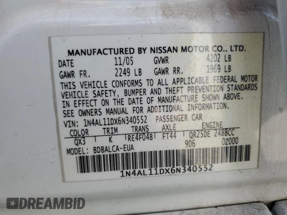 2006 Nissan Altima S with VIN 1N4AL11DX6N340552, listed as a Copart auction lot 53879225 with Not provided miles and Salvage title. Bid and sale history available at DreamBid. Image 12.