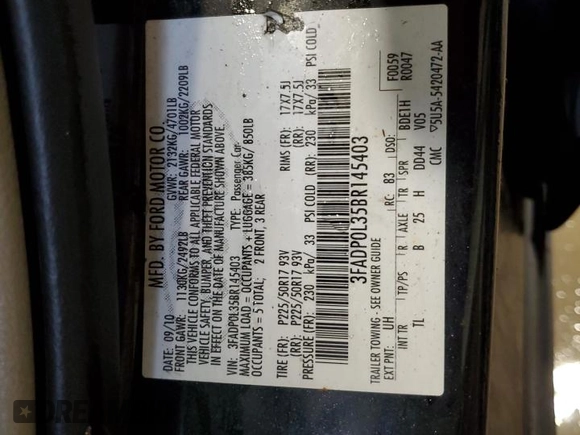 2011 Ford Fusion Hybrid with VIN 3FADP0L35BR145403, listed as a Copart auction lot 54918895 with 167,432 mi miles and Non repairable. Bid and sale history available at DreamBid. Image 12.