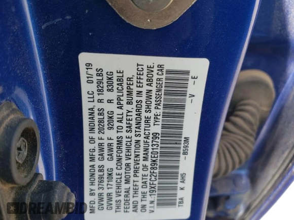 2019 Honda Civic Sedan Sport with VIN 19XFC2F89KE013799, listed as a Copart auction lot 49402445 with 130,617 mi miles and Salvage Title. Bid and sale history available at carsss.com. Image 13.