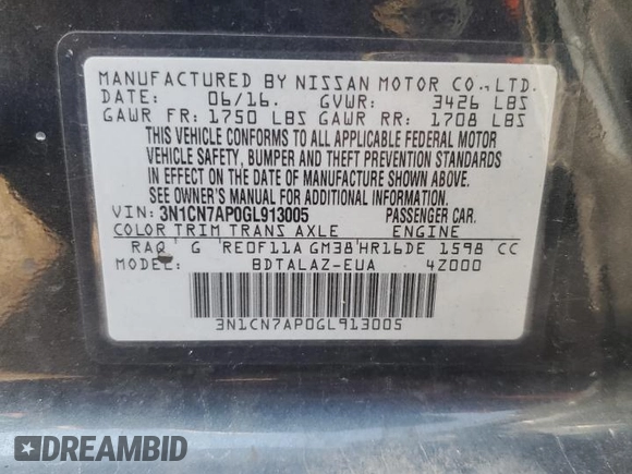 2016 Nissan Versa S z VIN 3N1CN7AP0GL913005, wystawiony jako Copart lot #52431875 z przebiegiem 125 491 mil mil oraz Szkoda całkowita • Salvage title. Historia ofert i sprzedaży dostępna na DreamBid. Obrazek 13.