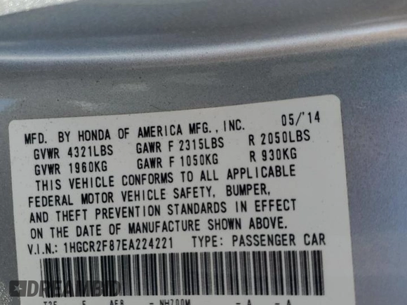 2014 Honda Accord Sedan EX-L with VIN 1HGCR2F87EA224221, listed as a Copart auction lot 52124395 with 114,481 mi miles and Salvage Title. Bid and sale history available at carsss.com. Image 12.