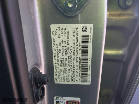2022 Honda CR-V EX with VIN 2HKRW2H53NH632566, listed as a IAAI auction lot 41666995 with 34,145 mi miles. Bid and sale history available at carsss.com. Image 9.