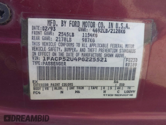 1993 Ford Taurus z VIN 1FACP52U4PG225521, wystawiony jako IAAI lot #42096535 z przebiegiem 76 808 mil mil oraz . Historia ofert i sprzedaży dostępna na DreamBid. Obrazek 9.