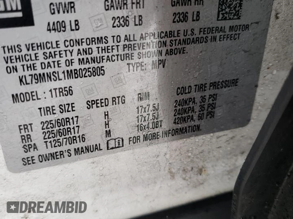 2021 Chevrolet TrailBlazer LS with VIN KL79MNSL1MB025805, listed as a Copart auction lot 38653644 with 41,539 mi miles and . Bid and sale history available at DreamBid. Image 13.