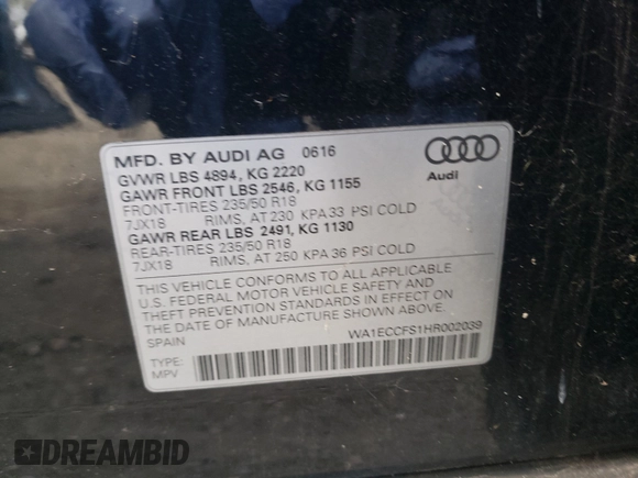 2017 Audi Q3 Premium with VIN WA1ECCFS1HR002039, listed as a Copart auction lot 61215381 with 60,429 mi miles. Bid and sale history available at carsss.com. Image 10.