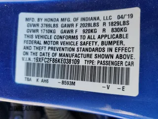 2019 Honda Civic Sport with VIN 19XFC2F86KE038109, listed as a Copart auction lot 53722175 with 89,615 mi miles and Salvage Title. Bid and sale history available at DreamBid. Image 14.