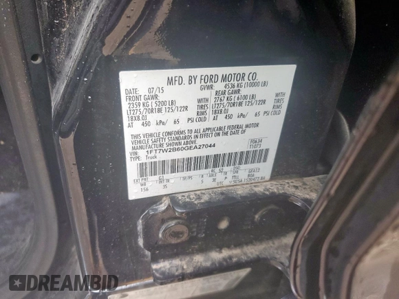 2016 Ford F-250 Lariat с VIN 1FT7W2B60GEA27044, выставлен на аукционе Copart как лот 59633385 с пробегом 294 653 миль миль и Списание • Salvage title. История ставок и продаж доступна на DreamBid. Изображение 12.