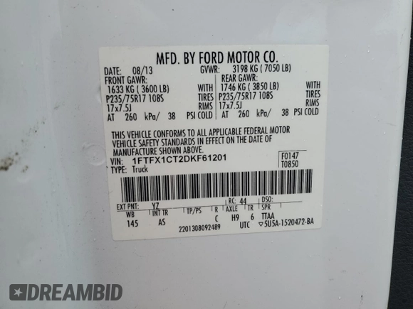 2013 Ford F-150 XL z VIN 1FTFX1CT2DKF61201, wystawiony jako Copart lot #58761215 z przebiegiem Nie podano mil oraz Szkoda całkowita • Salvage title. Historia ofert i sprzedaży dostępna na DreamBid. Obrazek 12.