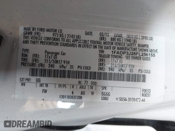 2015 Ford Focus Titanium with VIN 1FADP3J28FL256155, listed as a IAAI auction lot 42350610 with 53,840 mi miles and . Bid and sale history available at DreamBid. Image 9.