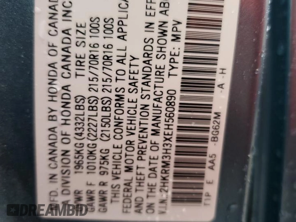 2014 Honda CR-V LX z VIN 2HKRM3H3XEH560890, wystawiony jako Copart lot #57488915 z przebiegiem 236 101 mil mil oraz Szkoda całkowita • Salvage title. Historia ofert i sprzedaży dostępna na DreamBid. Obrazek 14.