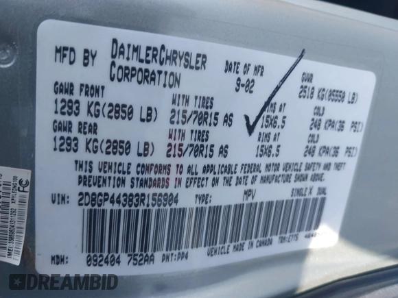 2003 Dodge Grand Caravan with VIN 2D8GP44383R156904, listed as a IAAI auction lot 41858820 with Not Provided miles and . Bid and sale history available at DreamBid. Image 9.