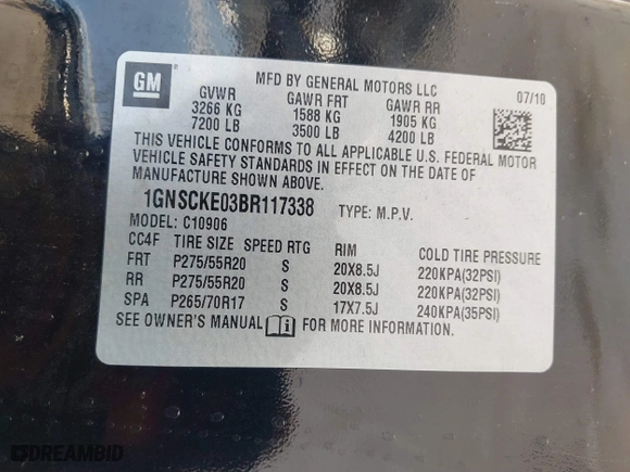 2011 Chevrolet Suburban LTZ with VIN 1GNSCKE03BR117338, listed as a IAAI auction lot 41878479 with 182,327 mi miles. Bid and sale history available at carsss.com. Image 9.