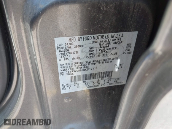 2003 Ford F-150 XLT with VIN 1FTRW08L63KD17116, listed as a IAAI auction lot 42811062 with Not provided miles and . Bid and sale history available at DreamBid. Image 9.