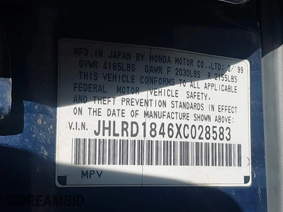 1999 Honda CR-V LX with VIN JHLRD1846XC028583, listed as a IAAI auction lot 42154092 with 200,228 mi miles. Bid and sale history available at carsss.com. Image 9.