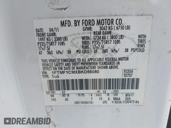 2011 Ford F-150 XL with VIN 1FTMF1CMXBKD56080, listed as a IAAI auction lot 41768095 with 269,355 mi miles. Bid and sale history available at carsss.com. Image 9.