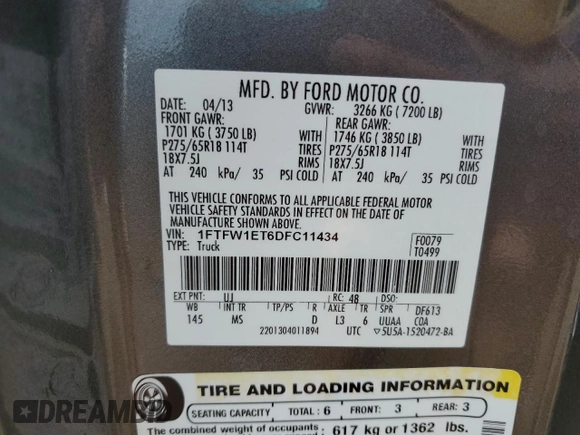 2013 Ford F-150 XL with VIN 1FTFW1ET6DFC11434, listed as a Copart auction lot 49623165 with 112,669 mi miles and Clean Title. Bid and sale history available at carsss.com. Image 14.