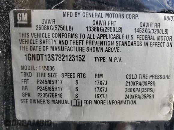 2008 Chevrolet TrailBlazer 1LT with VIN 1GNDT13S782123152, listed as a Copart auction lot 45971355 with 229,630 mi miles and Salvage Title. Bid and sale history available at DreamBid. Image 15.