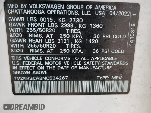 2022 Volkswagen Atlas SE z VIN 1V2KR2CA8NC534267, wystawiony jako Copart lot #52373235 z przebiegiem 50 349 mil mil oraz Szkoda całkowita • Salvage title. Historia ofert i sprzedaży dostępna na DreamBid. Obrazek 15.
