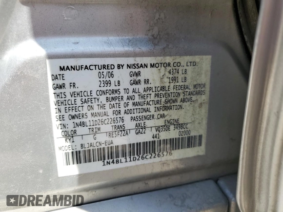 2006 Nissan Altima SE with VIN 1N4BL11D26C226576, listed as a Copart auction lot 54760345 with 140,935 mi miles and Salvage title. Bid and sale history available at DreamBid. Image 12.
