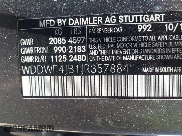2018 Mercedes-Benz C 300 with VIN WDDWF4JB1JR357884, listed as a IAAI auction lot 42622048 with 58,540 mi miles and . Bid and sale history available at DreamBid. Image 9.