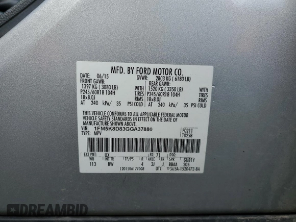 2016 Ford Explorer XLT with VIN 1FM5K8D83GGA37880, listed as a Copart auction lot 49478145 with 134,482 mi miles and Salvage Title. Bid and sale history available at DreamBid. Image 15.