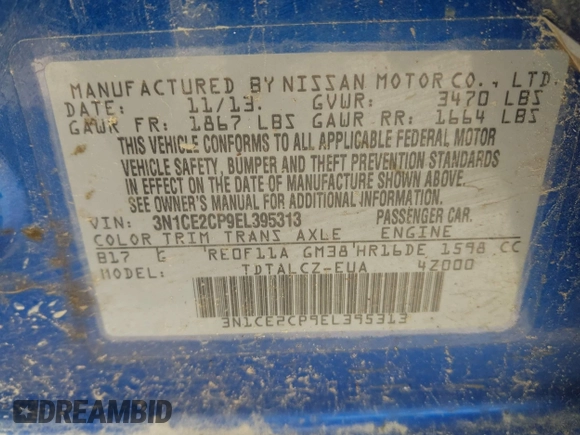 2014 Nissan Note S with VIN 3N1CE2CP9EL395313, listed as a IAAI auction lot 42229418 with 159,076 mi miles and . Bid and sale history available at DreamBid. Image 9.