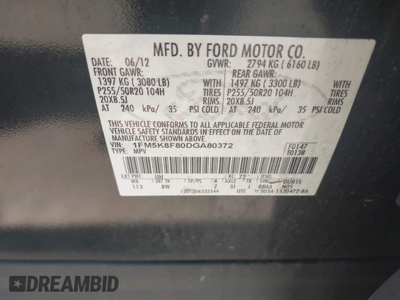 2013 Ford Explorer Limited z VIN 1FM5K8F80DGA80372, wystawiony jako IAAI lot #42180364 z przebiegiem Nie podano mil oraz . Historia ofert i sprzedaży dostępna na DreamBid. Obrazek 9.