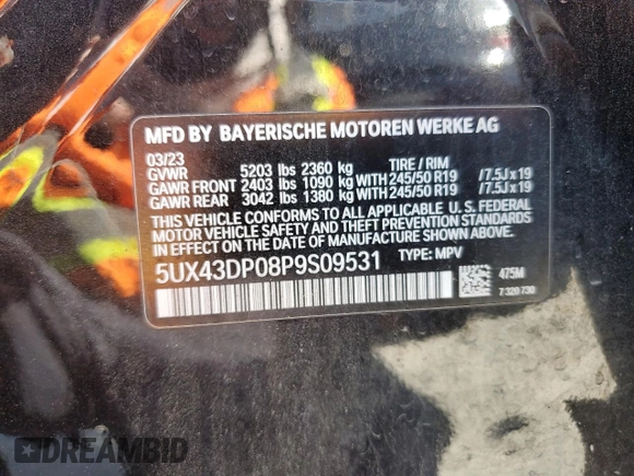 2023 BMW X3 sDrive30i with VIN 5UX43DP08P9S09531, listed as a Copart auction lot 52207305 with 32,177 mi miles and Clean Title. Bid and sale history available at DreamBid. Image 13.