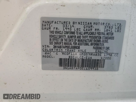 2014 Nissan Sentra SV with VIN 3N1AB7AP0EL659938, listed as a Copart auction lot 54677295 with 119,636 mi miles and Salvage Title. Bid and sale history available at DreamBid. Image 12.