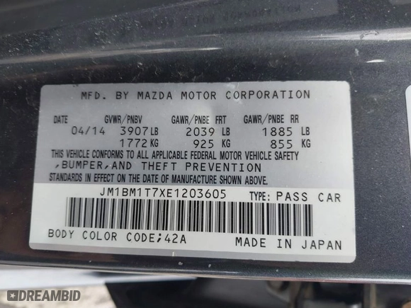 2014 Mazda Mazda3 i SV with VIN JM1BM1T7XE1203605, listed as a IAAI auction lot 41617385 with 132,602 mi miles. Bid and sale history available at carsss.com. Image 9.