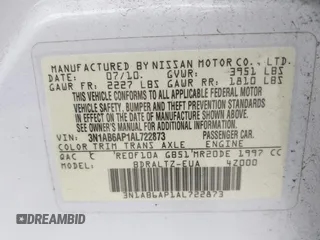 2010 Nissan Sentra SR with VIN 3N1AB6AP1AL722873, listed as a IAAI auction lot 41687505 with 210,623 mi miles and . Bid and sale history available at DreamBid. Image 9.