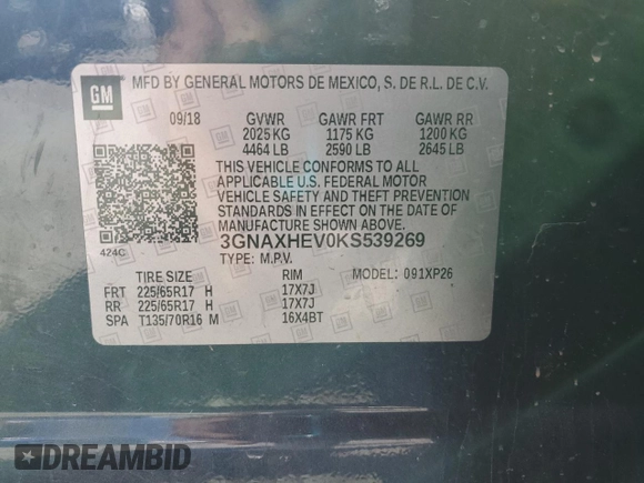 2019 Chevrolet Equinox LS with VIN 3GNAXHEV0KS539269, listed as a Copart auction lot 48317305 with 116,089 mi miles and Salvage Title. Bid and sale history available at DreamBid. Image 14.