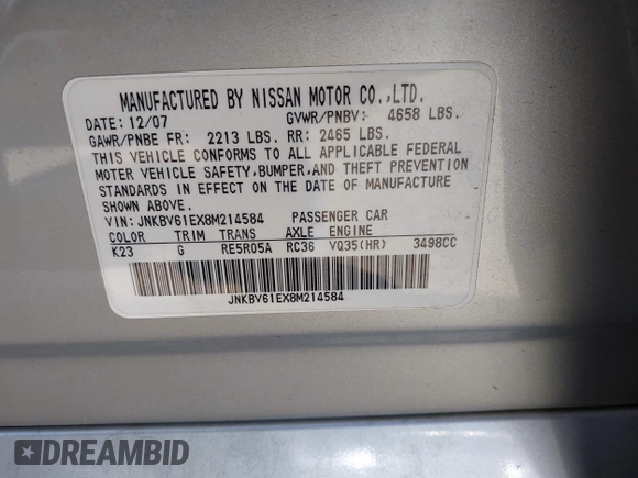 2008 Infiniti G35 Journey with VIN JNKBV61EX8M214584, listed as a IAAI auction lot 42582793 with 84,173 mi miles and . Bid and sale history available at DreamBid. Image 9.