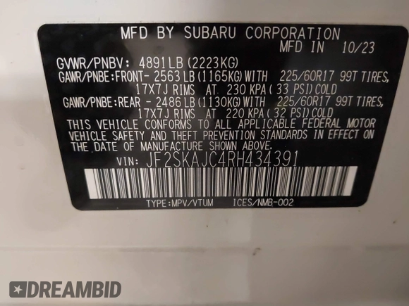2024 Subaru Forester Wilderness with VIN JF2SKAJC4RH434391, listed as a IAAI auction lot 41390511 with 19,136 mi miles. Bid and sale history available at carsss.com. Image 9.