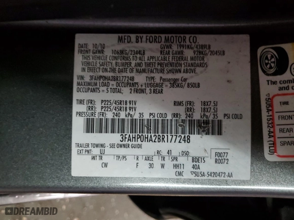 2011 Ford Fusion SE with VIN 3FAHP0HA2BR177248, listed as a Copart auction lot 80771764 with 84,571 mi miles and Clean Title. Bid and sale history available at carsss.com. Image 12.