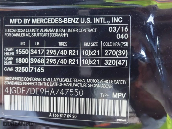 2017 Mercedes-Benz GLS with VIN 4JGDF7DE9HA747550, listed as a IAAI auction lot 41489690 with 125,945 mi miles. Bid and sale history available at carsss.com. Image 9.