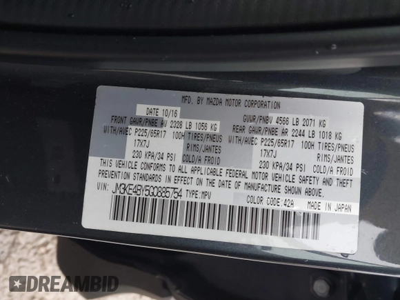 2016 Mazda CX-5 Sport with VIN JM3KE4BY5G0885754, listed as a IAAI auction lot 41103575 with 136,263 mi miles and . Bid and sale history available at carsss.com. Image 9.