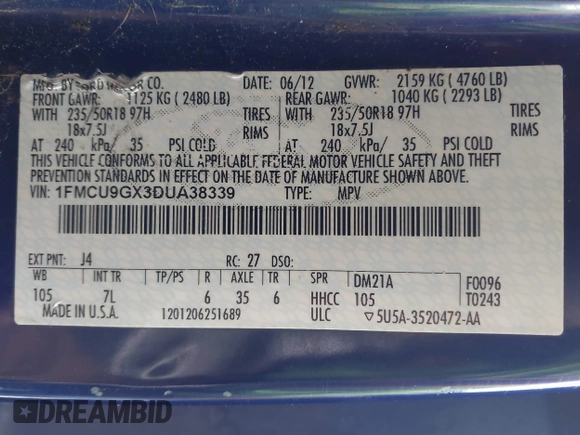 2013 Ford Escape SE с VIN 1FMCU9GX3DUA38339, выставлен на аукционе IAAI как лот 42313615 с пробегом 186 008 миль миль и . История ставок и продаж доступна на DreamBid. Изображение 9.