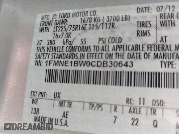 2012 Ford Econoline Passenger XL with VIN 1FMNE1BW0CDB30643, listed as a IAAI auction lot 41688533 with 61,083 mi miles and . Bid and sale history available at DreamBid. Image 9.