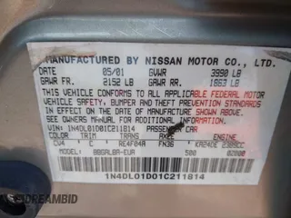 2001 Nissan Altima GXE with VIN 1N4DL01D01C211814, listed as a IAAI auction lot 39859798 with 1 mi miles. Bid and sale history available at carsss.com. Image 9.