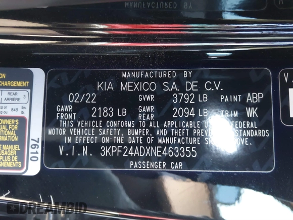 2022 Kia Forte LXS with VIN 3KPF24ADXNE463355, listed as a IAAI auction lot 41614375 with 18,792 mi miles. Bid and sale history available at carsss.com. Image 9.