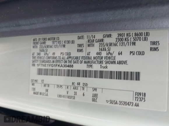 2015 Ford Transit Cargo with VIN 1FTNE1YG1FKA30488, listed as a IAAI auction lot 40531264 with 140,244 mi miles and . Bid and sale history available at DreamBid. Image 9.