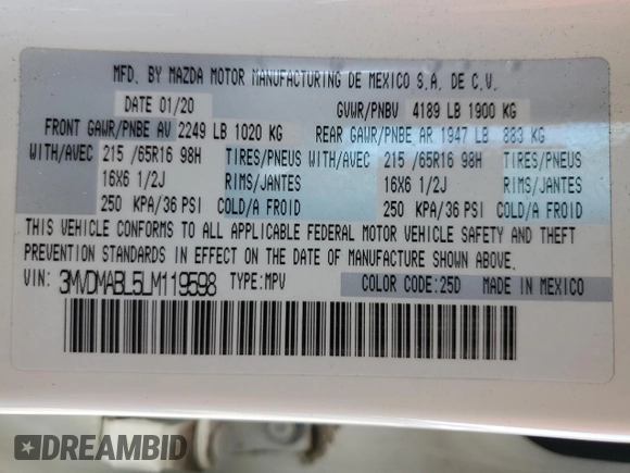 2020 Mazda CX-30 with VIN 3MVDMABL5LM119598, listed as a Copart auction lot 75895764 with 67,639 mi miles and Salvage Title. Bid and sale history available at DreamBid. Image 13.