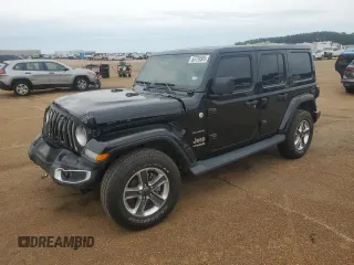 2020 Jeep Wrangler Unlimited Sahara with VIN 1C4HJXEG9LW243287, listed as a Copart auction lot 55729585 with 56,913 mi miles and Salvage title. Bid and sale history available at DreamBid. Image 1.