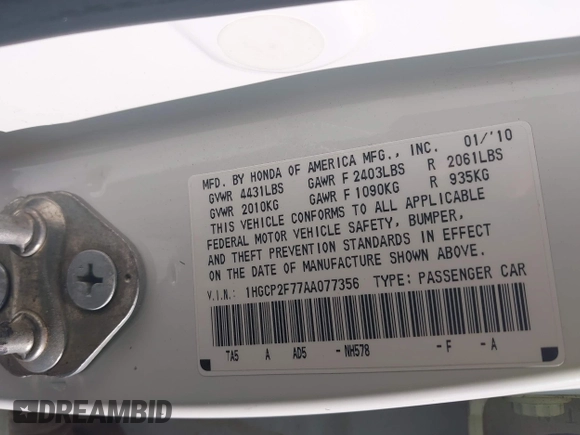 2010 Honda Accord EX with VIN 1HGCP2F77AA077356, listed as a IAAI auction lot 42509085 with 179,271 mi miles and . Bid and sale history available at DreamBid. Image 9.