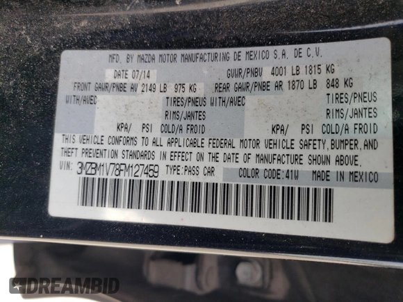 2015 Mazda 3 i Touring with VIN 3MZBM1V78FM127459, listed as a Copart auction lot 55019675 with 156,966 mi miles and Salvage Title. Bid and sale history available at DreamBid. Image 12.