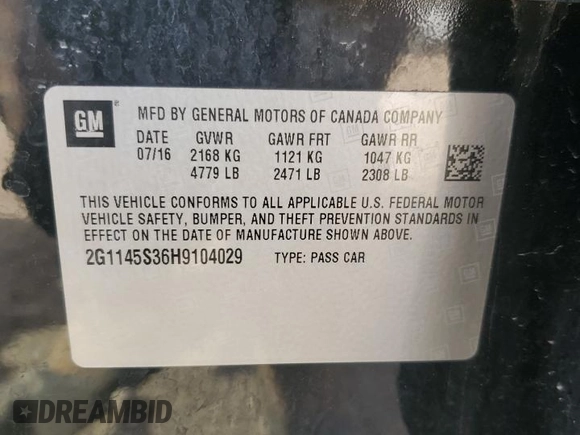 2017 Chevrolet Impala Premier with VIN 2G1145S36H9104029, listed as a Copart auction lot 55499105 with 132,210 mi miles and Clean Title. Bid and sale history available at DreamBid. Image 13.