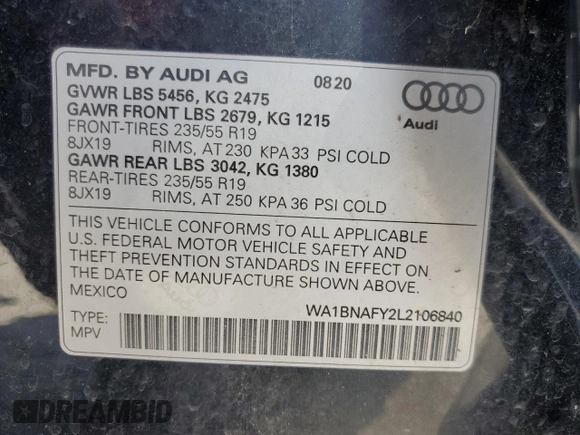 2020 Audi Q5 Premium Plus with VIN WA1BNAFY2L2106840, listed as a Copart auction lot 51141475 with 51,632 mi miles and Salvage Title. Bid and sale history available at carsss.com. Image 14.