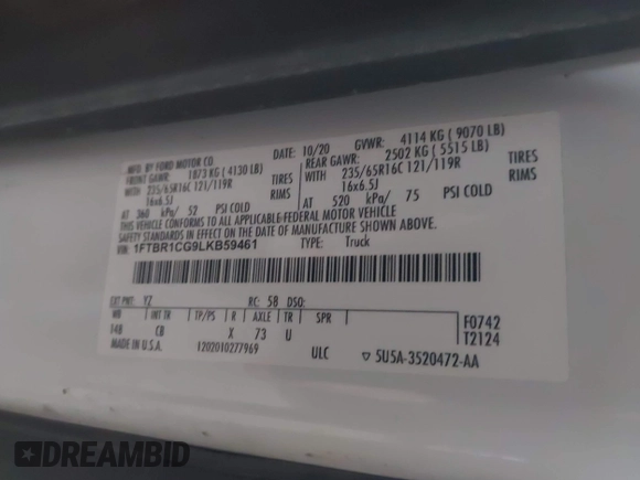 2020 Ford Transit Cargo z VIN 1FTBR1CG9LKB59461, wystawiony jako IAAI lot #41807469 z przebiegiem 205 431 mil mil oraz . Historia ofert i sprzedaży dostępna na DreamBid. Obrazek 9.