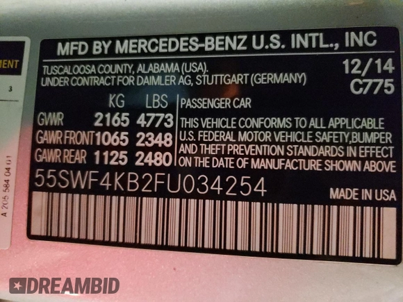 2015 Mercedes-Benz C 300 Luxury with VIN 55SWF4KB2FU034254, listed as a Copart auction lot 52040725 with 59,123 mi miles and Salvage Title. Bid and sale history available at DreamBid. Image 12.